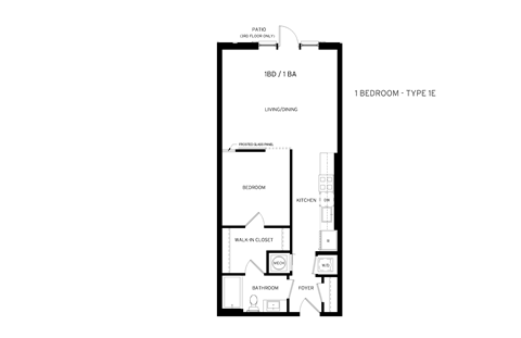 Floor plan for 1 bed, 1 bath, 726 sqft